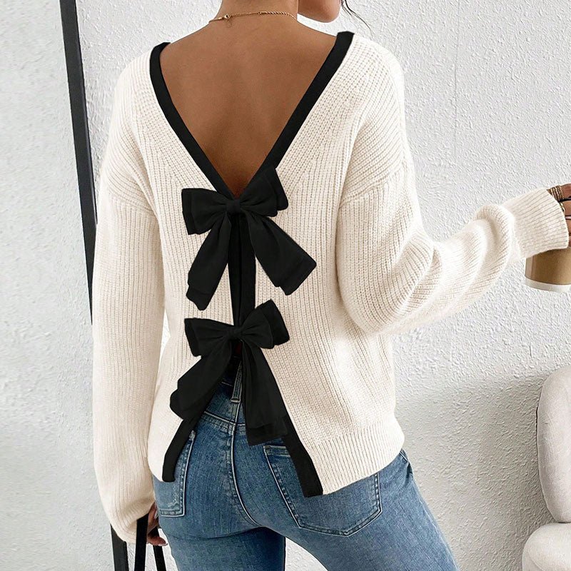 Women’s Bow Back Sweater – Long Sleeve Open Back Knit Pullover, Cute Crew Neck Split Sweater, Fall & Winter Trendy Going Out Top - Knack'd Up