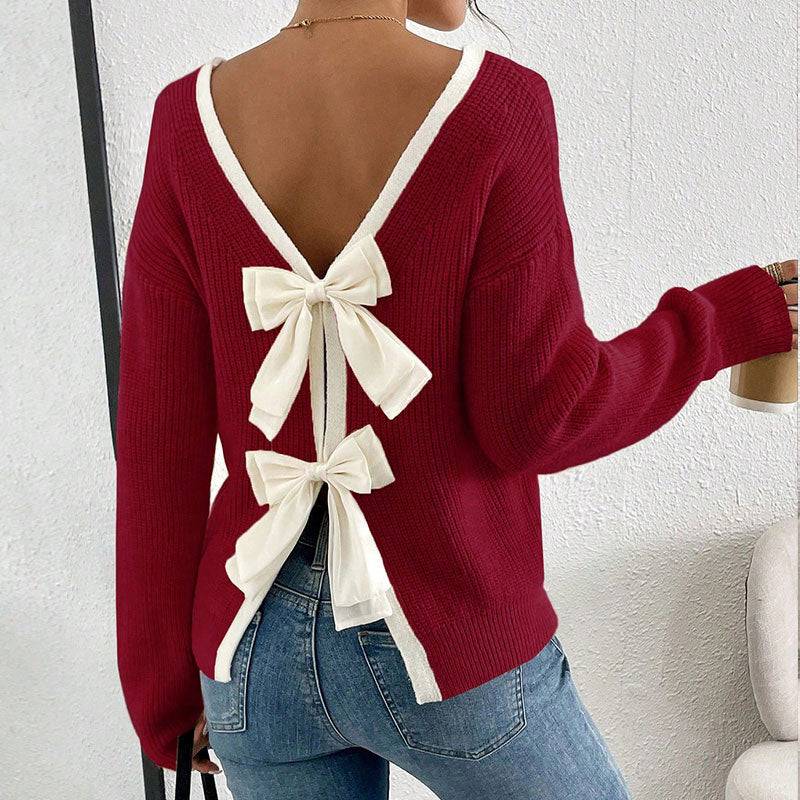 Women’s Bow Back Sweater – Long Sleeve Open Back Knit Pullover, Cute Crew Neck Split Sweater, Fall & Winter Trendy Going Out Top - Knack'd Up