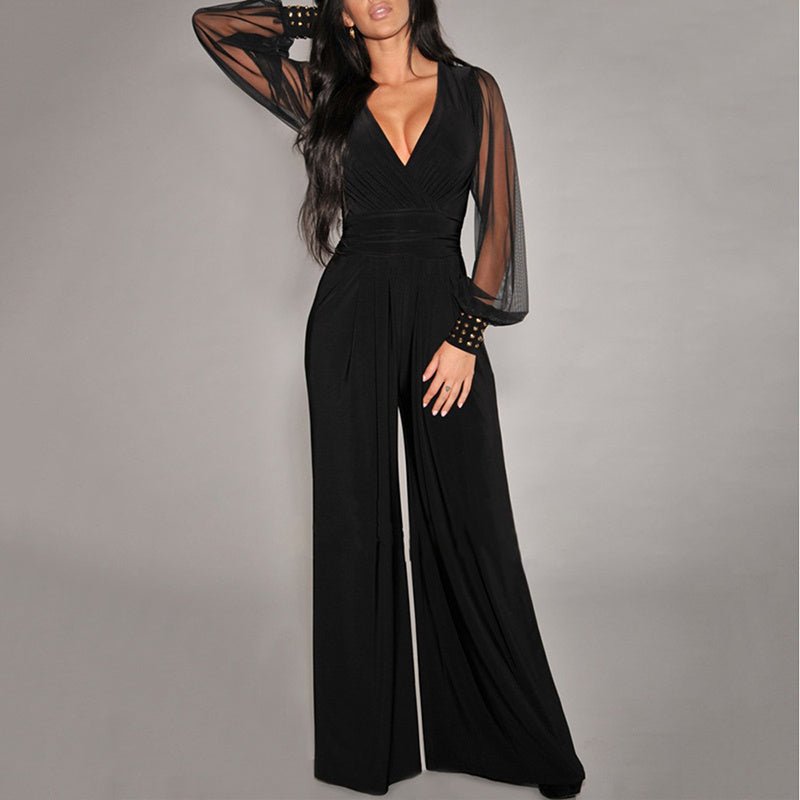 Women’s Elegant V - Neck Mesh Long Sleeve Wide - Leg Jumpsuit – Chic Party Romper with Rivet Cuffs - Knack'd Up