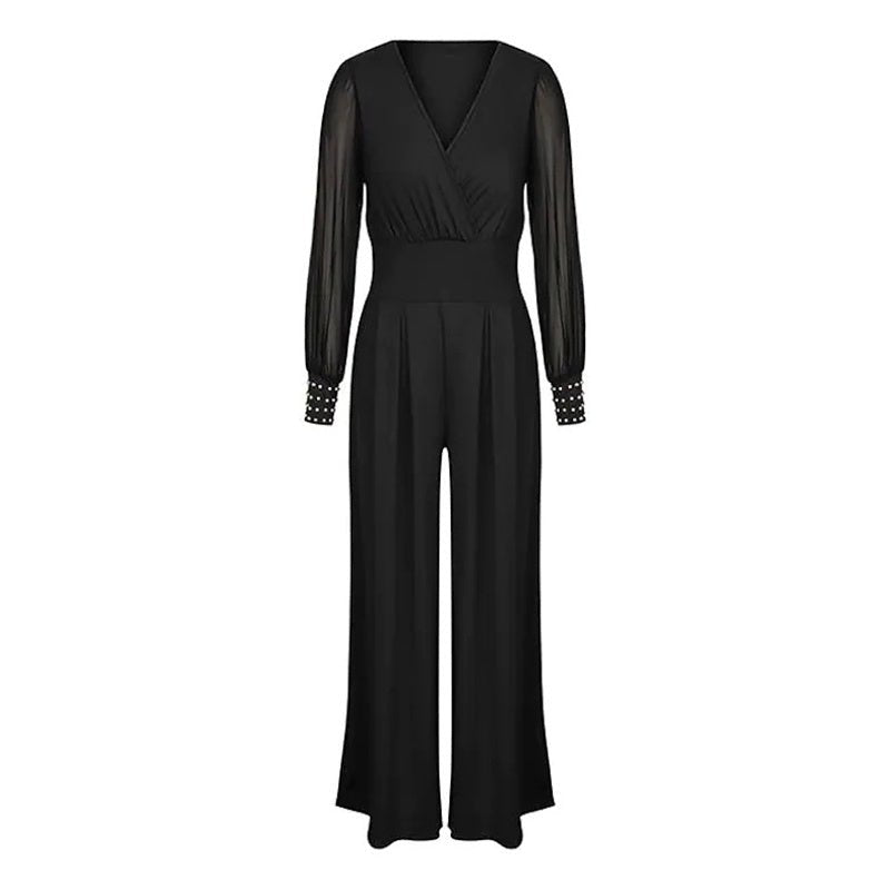 Women’s Elegant V - Neck Mesh Long Sleeve Wide - Leg Jumpsuit – Chic Party Romper with Rivet Cuffs - Knack'd Up
