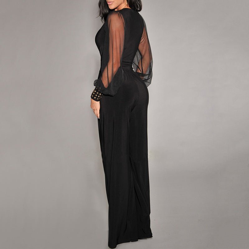 Women’s Elegant V - Neck Mesh Long Sleeve Wide - Leg Jumpsuit – Chic Party Romper with Rivet Cuffs - Knack'd Up
