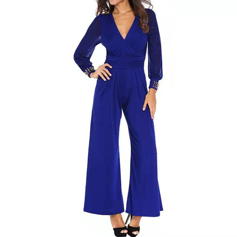 Women’s Elegant V - Neck Mesh Long Sleeve Wide - Leg Jumpsuit – Chic Party Romper with Rivet Cuffs - Knack'd Up