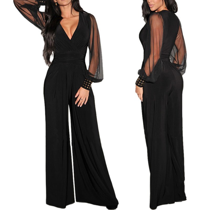 Women’s Elegant V - Neck Mesh Long Sleeve Wide - Leg Jumpsuit – Chic Party Romper with Rivet Cuffs - Knack'd Up