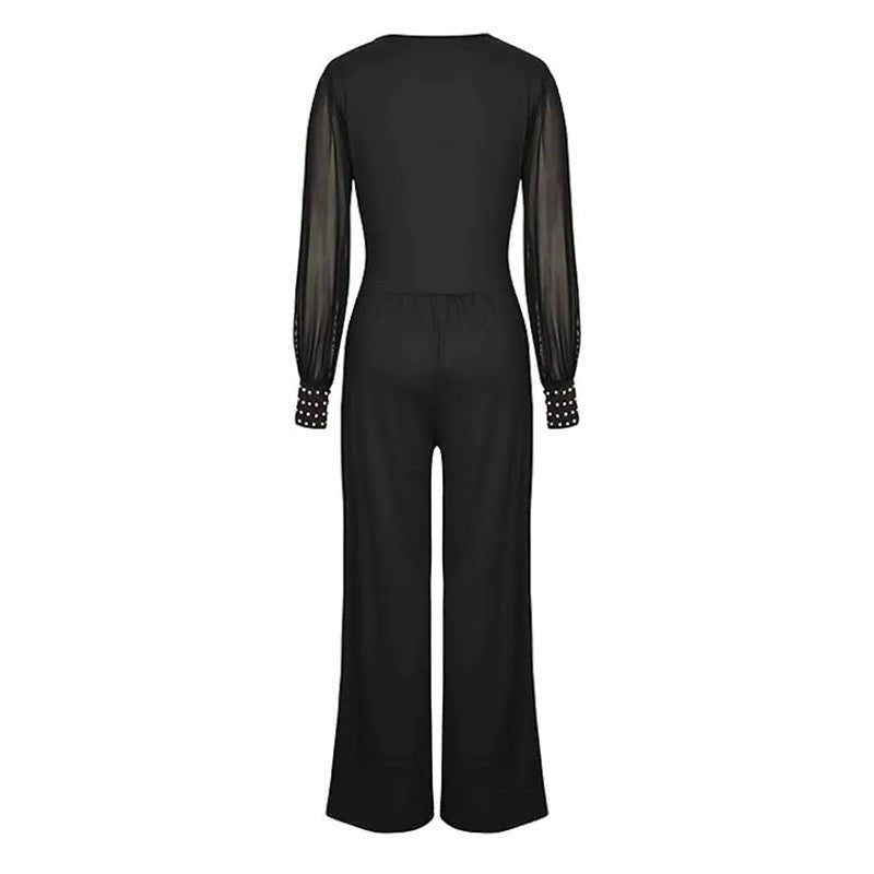 Women’s Elegant V - Neck Mesh Long Sleeve Wide - Leg Jumpsuit – Chic Party Romper with Rivet Cuffs - Knack'd Up