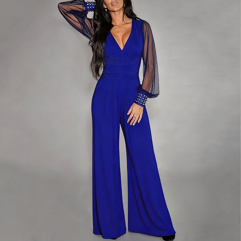 Women’s Elegant V - Neck Mesh Long Sleeve Wide - Leg Jumpsuit – Chic Party Romper with Rivet Cuffs - Knack'd Up