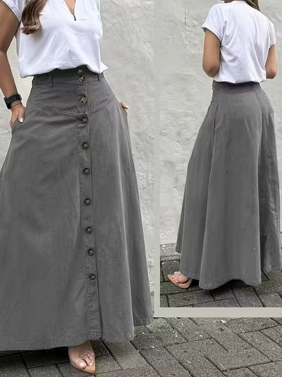 Women’s High - Waisted A - Line Midi Skirt – Solid Color Flared Skirt with Front Slit, Button Detail & Pockets, Elegant Casual Skirt for Spring & Fall - Knack'd Up