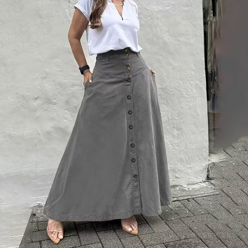 Women’s High - Waisted A - Line Midi Skirt – Solid Color Flared Skirt with Front Slit, Button Detail & Pockets, Elegant Casual Skirt for Spring & Fall - Knack'd Up