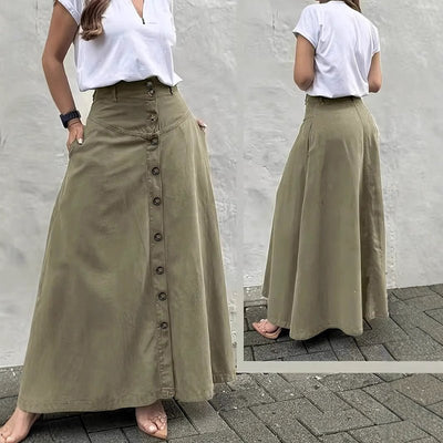 Women’s High - Waisted A - Line Midi Skirt – Solid Color Flared Skirt with Front Slit, Button Detail & Pockets, Elegant Casual Skirt for Spring & Fall - Knack'd Up