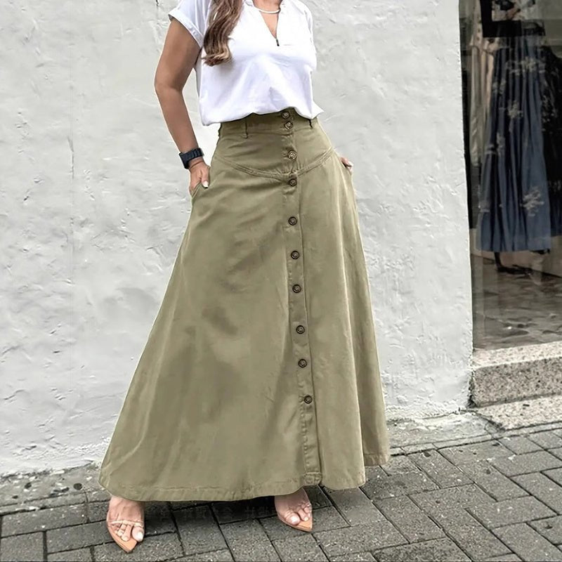 Women’s High - Waisted A - Line Midi Skirt – Solid Color Flared Skirt with Front Slit, Button Detail & Pockets, Elegant Casual Skirt for Spring & Fall - Knack'd Up