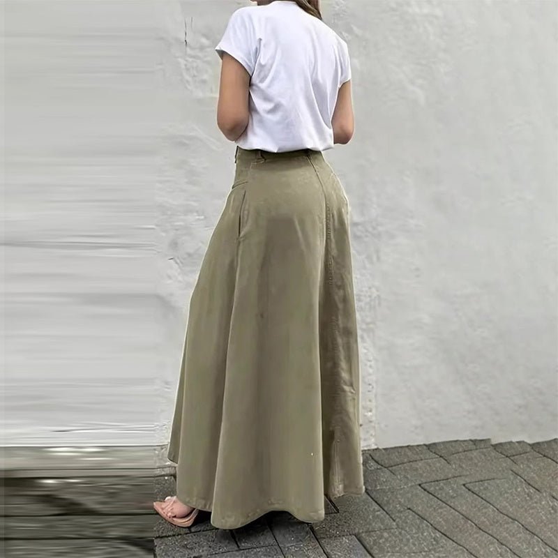 Women’s High - Waisted A - Line Midi Skirt – Solid Color Flared Skirt with Front Slit, Button Detail & Pockets, Elegant Casual Skirt for Spring & Fall - Knack'd Up