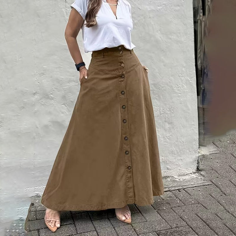 Women’s High - Waisted A - Line Midi Skirt – Solid Color Flared Skirt with Front Slit, Button Detail & Pockets, Elegant Casual Skirt for Spring & Fall - Knack'd Up