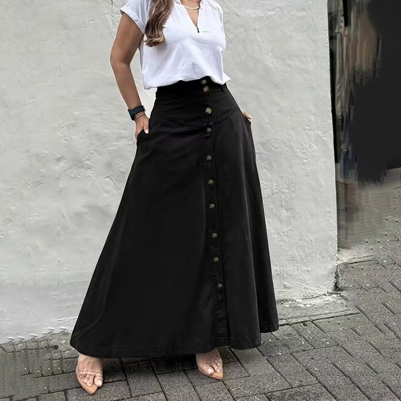 Women’s High - Waisted A - Line Midi Skirt – Solid Color Flared Skirt with Front Slit, Button Detail & Pockets, Elegant Casual Skirt for Spring & Fall - Knack'd Up