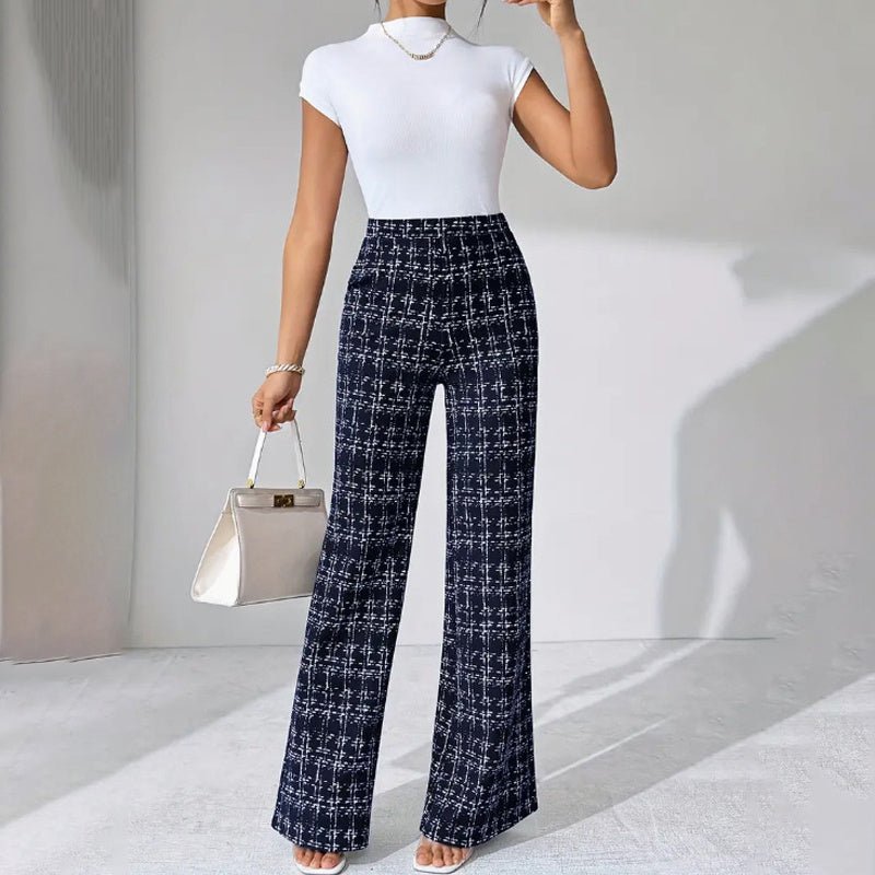 Women’s High - Waisted Plaid Straight Leg Pants – Elegant Office & Casual Trousers for Spring & Fall - Knack'd Up