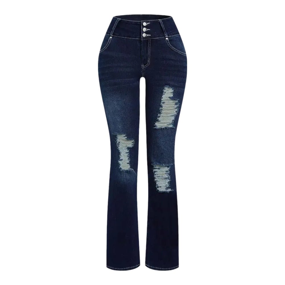 Women’s High Waisted Ripped Flare Jeans – Wide Leg Stretch Denim Pants with Distressed Details & Button Fly, Trendy Casual Streetwear - Knack'd Up