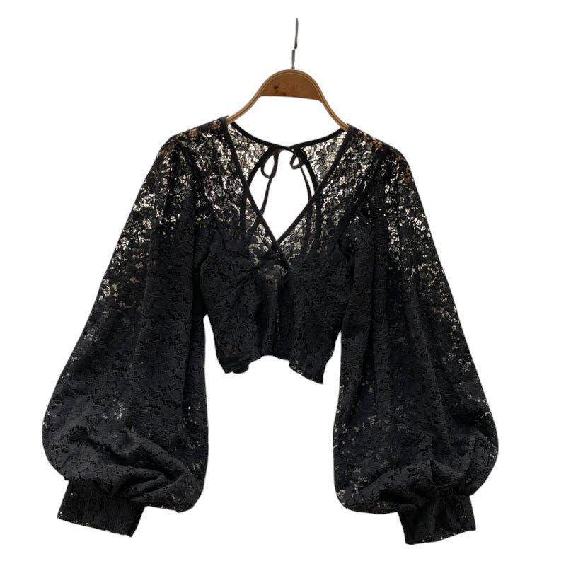 Women’s Lace Lantern Sleeve Blouse – Elegant Sheer V - Neck Top with Back Tie Detail for Work & Party Looks - Knack'd Up