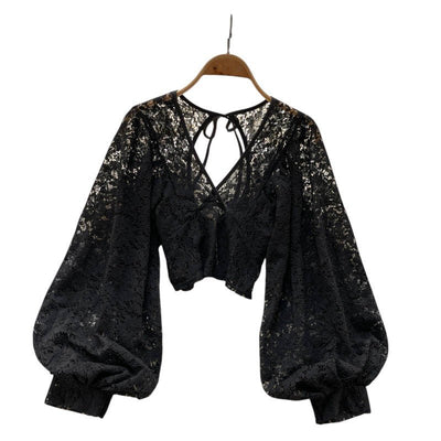 Women’s Lace Lantern Sleeve Blouse – Elegant Sheer V - Neck Top with Back Tie Detail for Work & Party Looks - Knack'd Up