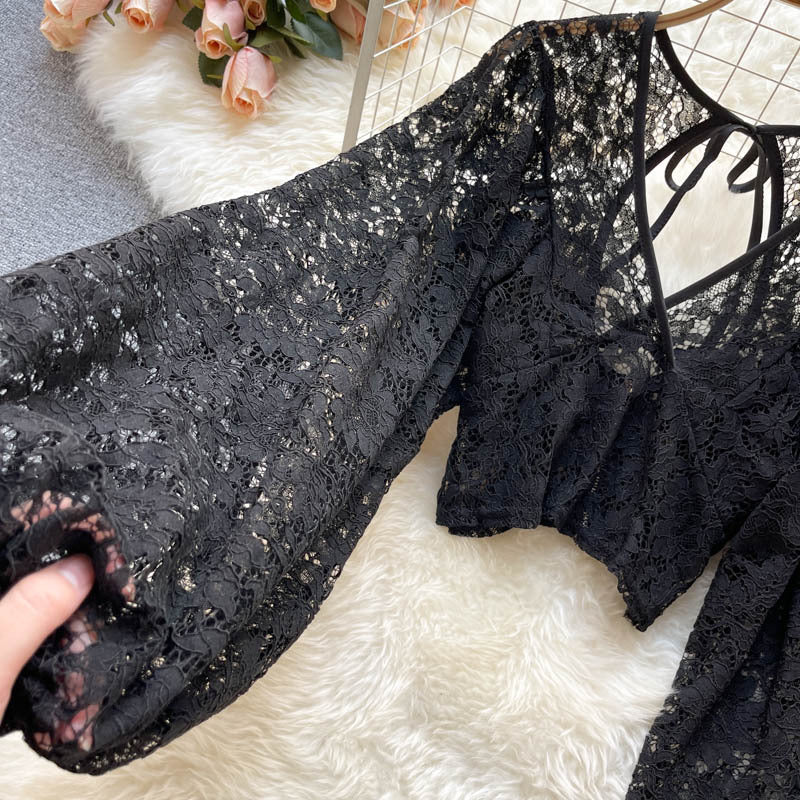 Women’s Lace Lantern Sleeve Blouse – Elegant Sheer V - Neck Top with Back Tie Detail for Work & Party Looks - Knack'd Up