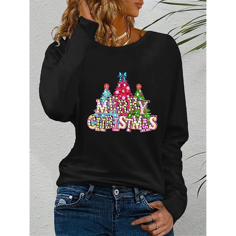 Women’s Long Sleeve Holiday T-Shirt – Cute Christmas Tree Graphic Tee, Festive Winter Casual Top - Knack'd Up