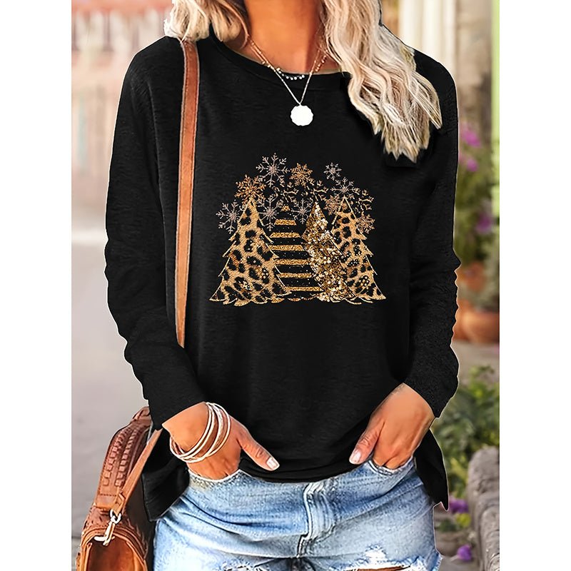 Women’s Long Sleeve Holiday T-Shirt – Cute Christmas Tree Graphic Tee, Festive Winter Casual Top - Knack'd Up