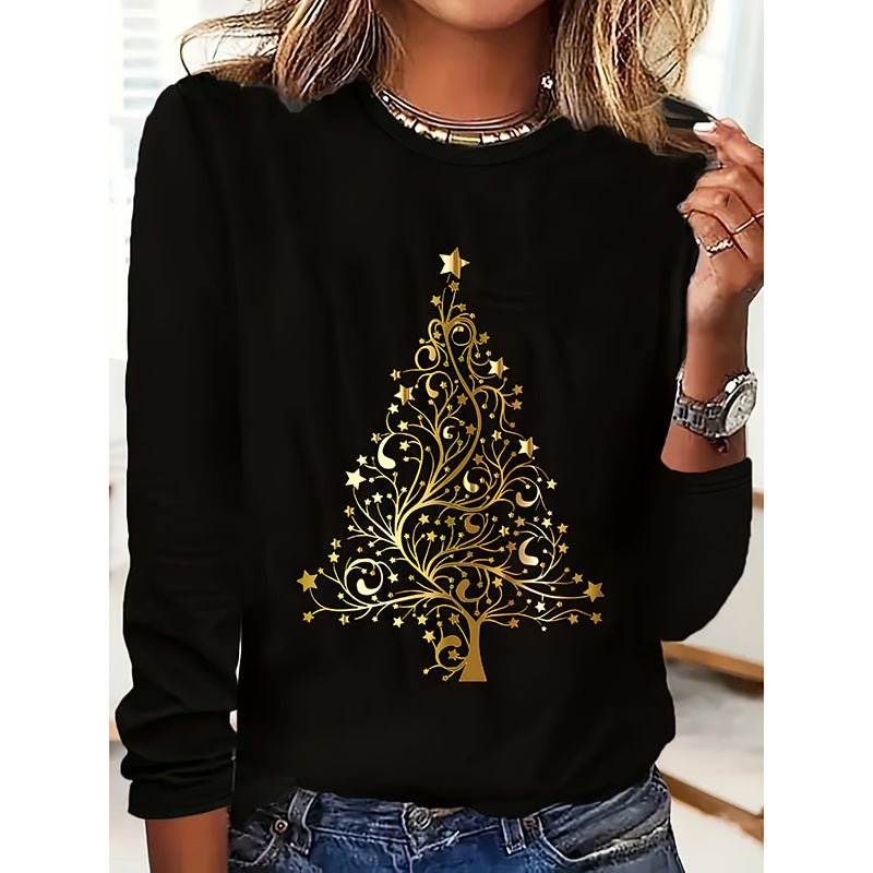 Women’s Long Sleeve Holiday T-Shirt – Cute Christmas Tree Graphic Tee, Festive Winter Casual Top - Knack'd Up