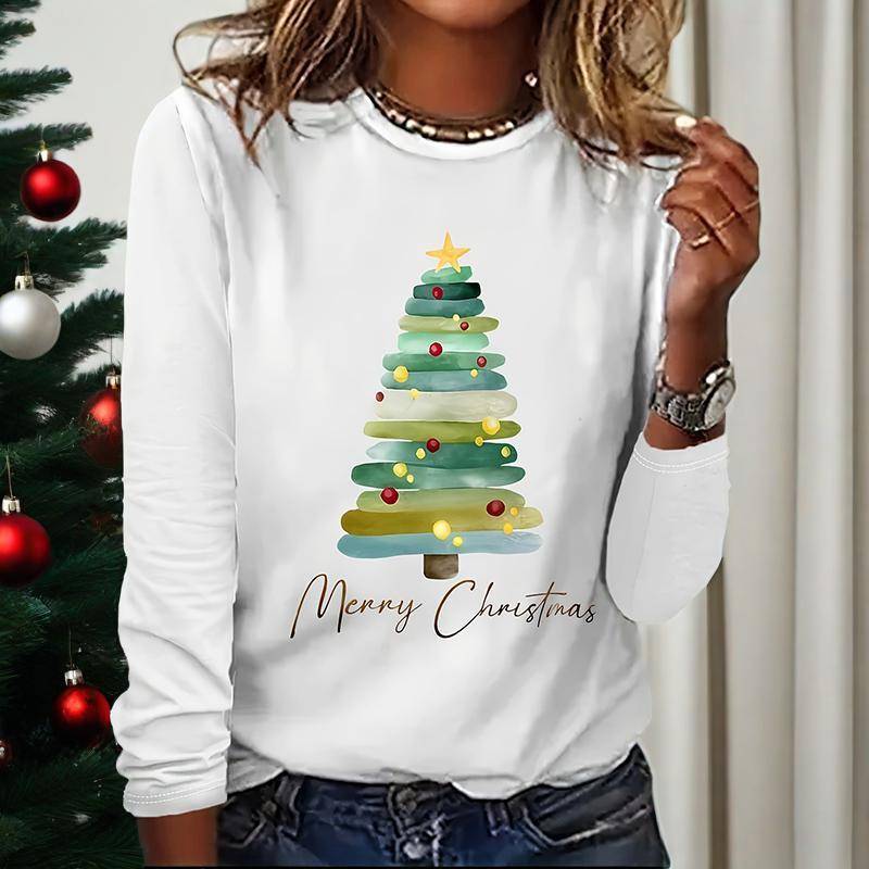Women’s Long Sleeve Holiday T-Shirt – Cute Christmas Tree Graphic Tee, Festive Winter Casual Top - Knack'd Up