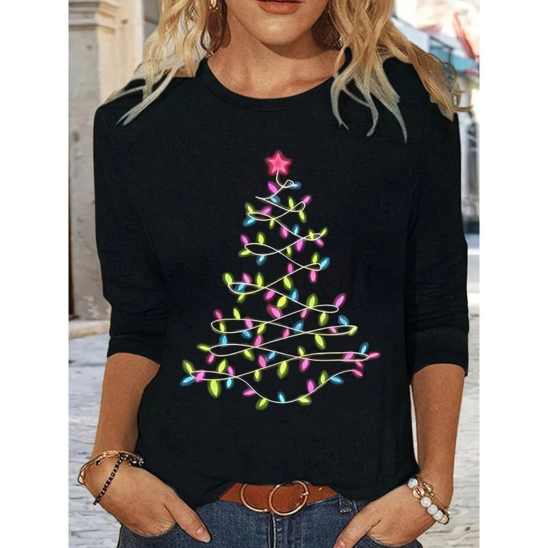 Women’s Long Sleeve Holiday T-Shirt – Cute Christmas Tree Graphic Tee, Festive Winter Casual Top - Knack'd Up