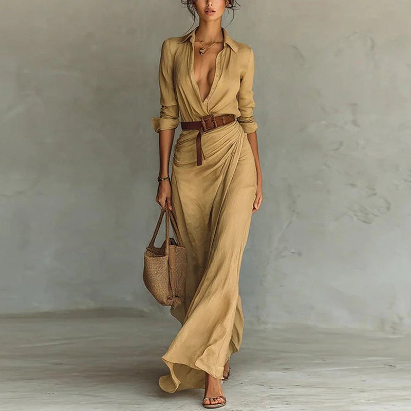 Women’s Long Sleeve Ruched Maxi Dress – Elegant Button Down Shirt Dress with Belt, Flowy Long Dress for Vacation, Brunch & Evenings - Knack'd Up