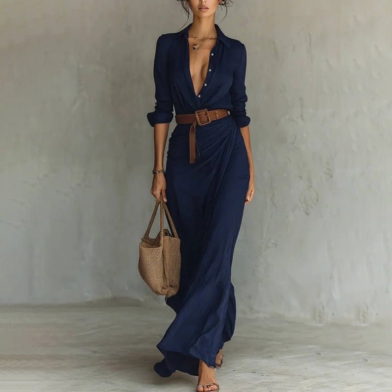 Women’s Long Sleeve Ruched Maxi Dress – Elegant Button Down Shirt Dress with Belt, Flowy Long Dress for Vacation, Brunch & Evenings - Knack'd Up