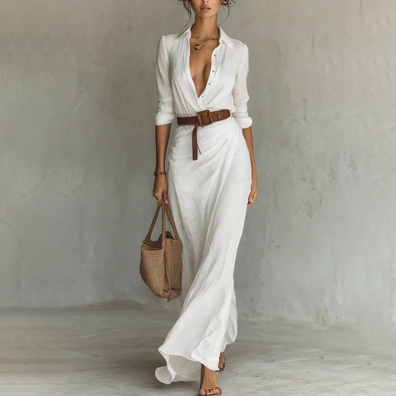 Women’s Long Sleeve Ruched Maxi Dress – Elegant Button Down Shirt Dress with Belt, Flowy Long Dress for Vacation, Brunch & Evenings - Knack'd Up