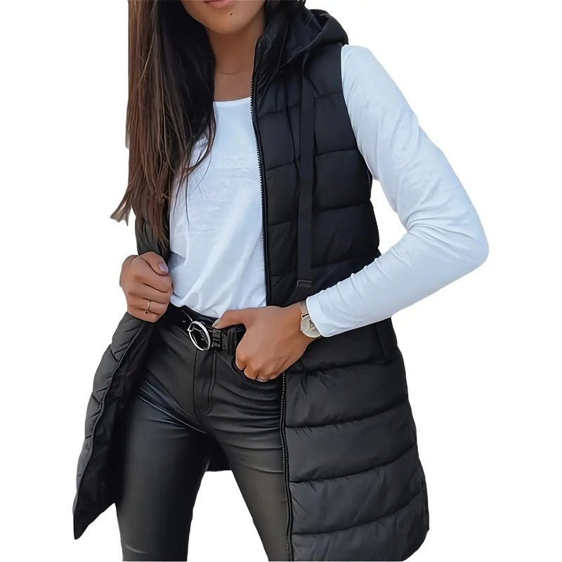Women's Solid Color Sleeveless Hooded Vest, Mid - Length Zip - Front Waistcoat With Pockets For Spring And Fall Layering - Knack'd Up