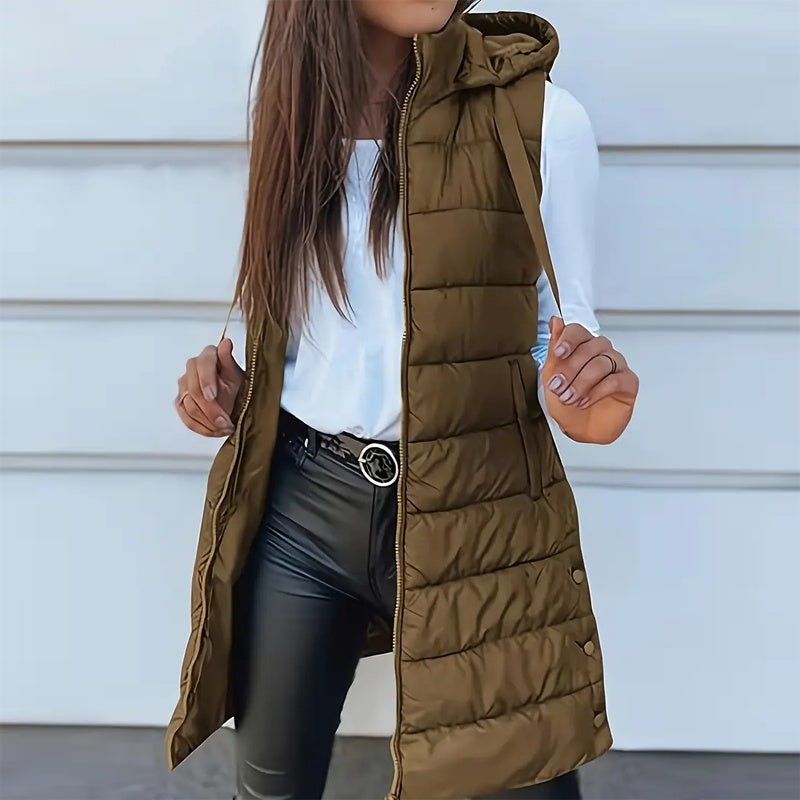 Women's Solid Color Sleeveless Hooded Vest, Mid - Length Zip - Front Waistcoat With Pockets For Spring And Fall Layering - Knack'd Up
