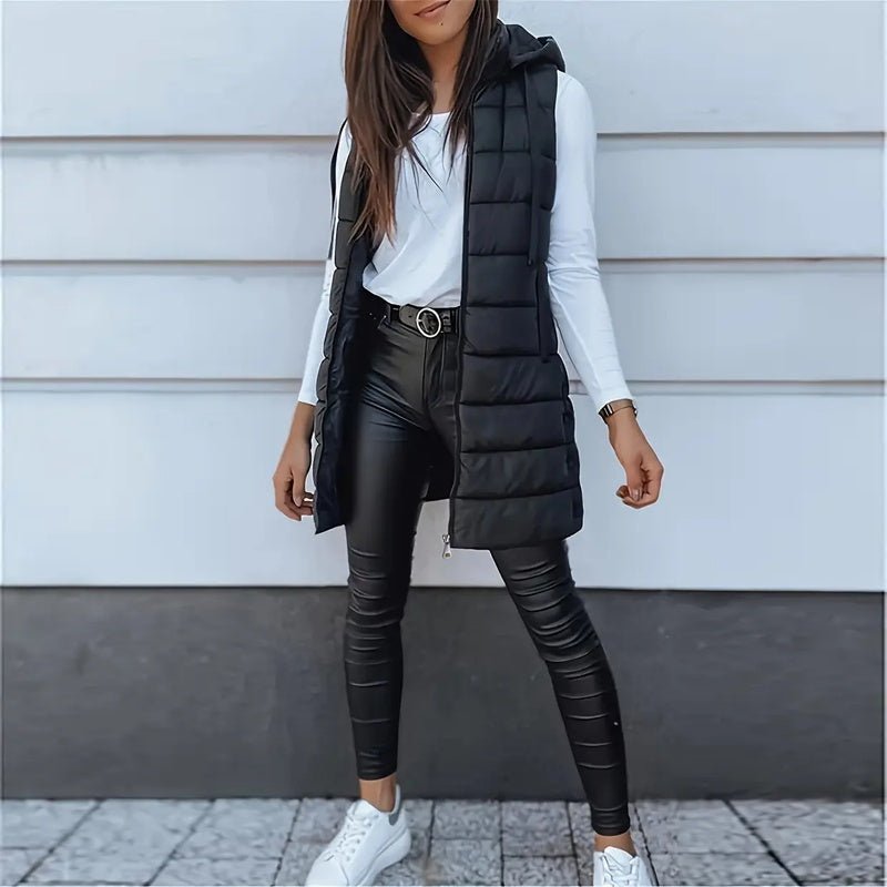 Women's Solid Color Sleeveless Hooded Vest, Mid - Length Zip - Front Waistcoat With Pockets For Spring And Fall Layering - Knack'd Up