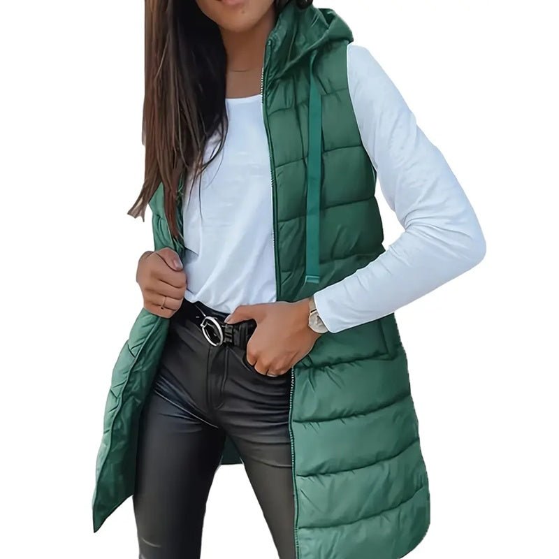 Women's Solid Color Sleeveless Hooded Vest, Mid - Length Zip - Front Waistcoat With Pockets For Spring And Fall Layering - Knack'd Up