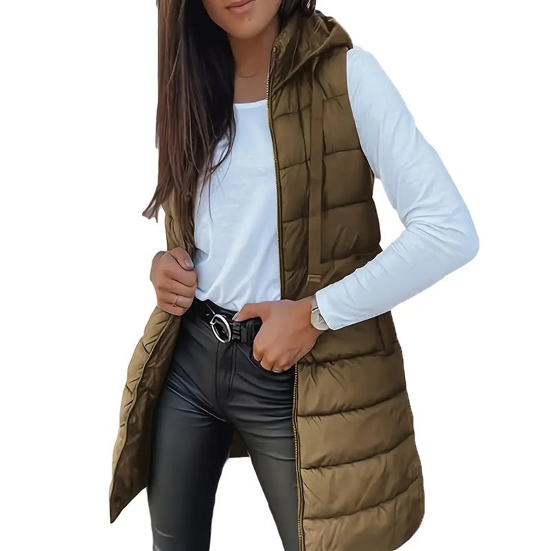 Women's Solid Color Sleeveless Hooded Vest, Mid - Length Zip - Front Waistcoat With Pockets For Spring And Fall Layering - Knack'd Up