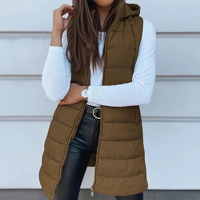 Women's Solid Color Sleeveless Hooded Vest, Mid - Length Zip - Front Waistcoat With Pockets For Spring And Fall Layering - Knack'd Up