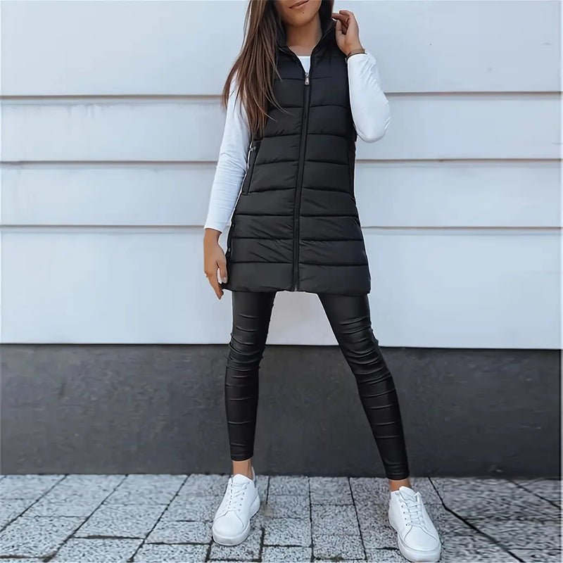 Women's Solid Color Sleeveless Hooded Vest, Mid - Length Zip - Front Waistcoat With Pockets For Spring And Fall Layering - Knack'd Up