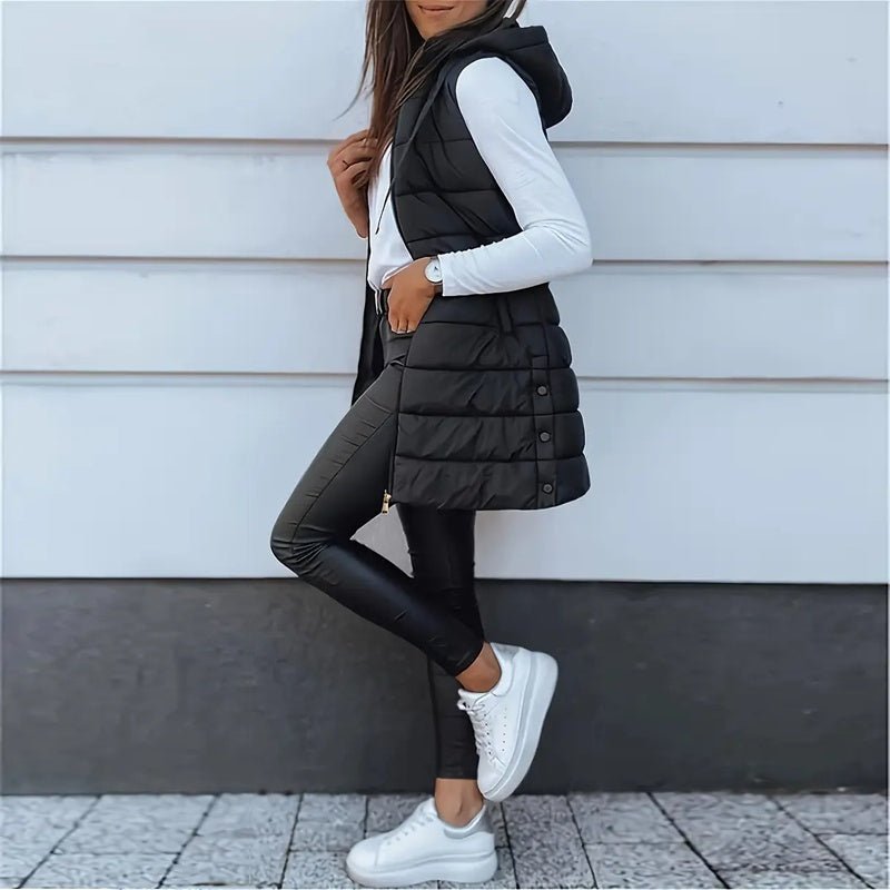 Women's Solid Color Sleeveless Hooded Vest, Mid - Length Zip - Front Waistcoat With Pockets For Spring And Fall Layering - Knack'd Up