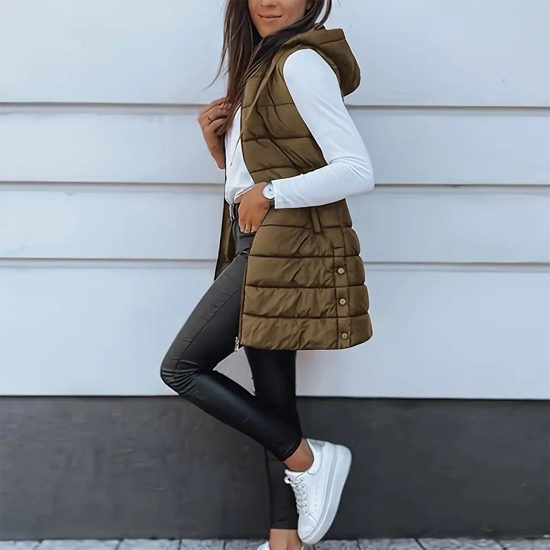 Women's Solid Color Sleeveless Hooded Vest, Mid - Length Zip - Front Waistcoat With Pockets For Spring And Fall Layering - Knack'd Up