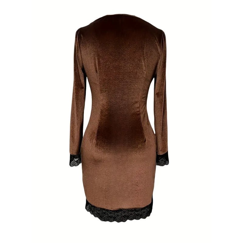 Women’s V - Neck Lace Trim Bodycon Mini Dress – Long Sleeve Button Detail Short Dress - Knack'd Up