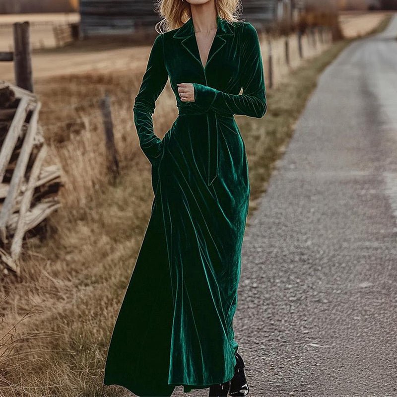 Women's Velvet Maxi Dress, Fall Long Sleeve Lapel V - Neck Casual Dress With Belt - Knack'd Up