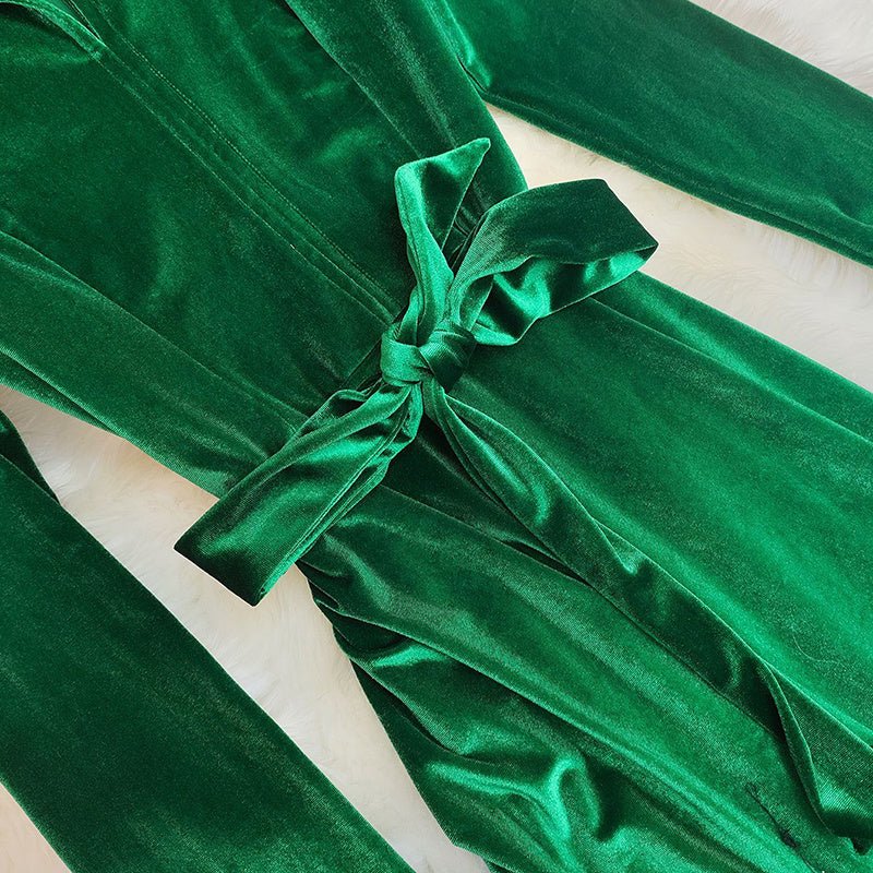 Women's Velvet Maxi Dress, Fall Long Sleeve Lapel V - Neck Casual Dress With Belt - Knack'd Up