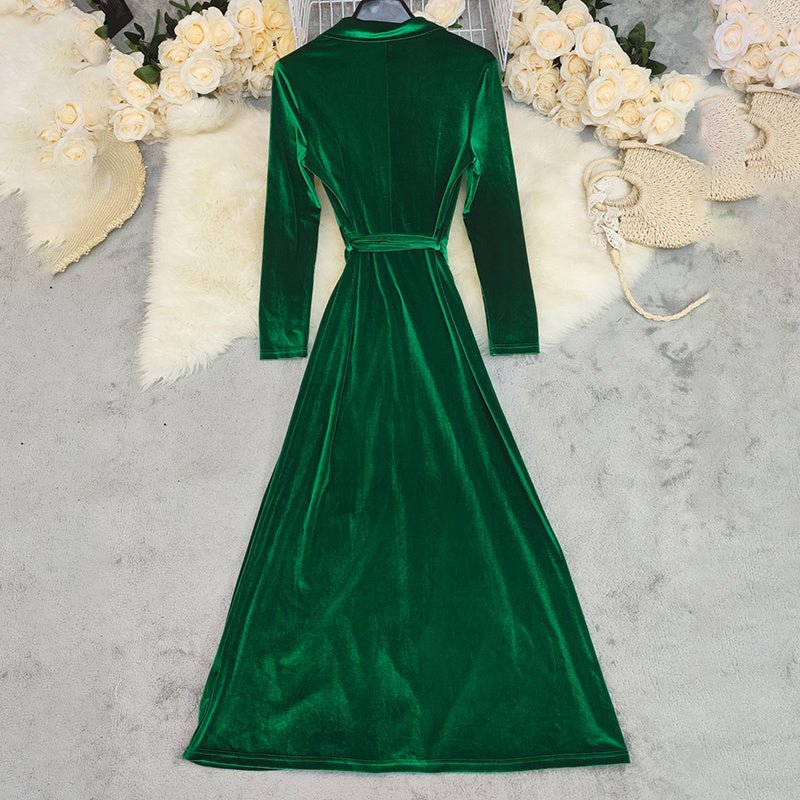 Women's Velvet Maxi Dress, Fall Long Sleeve Lapel V - Neck Casual Dress With Belt - Knack'd Up