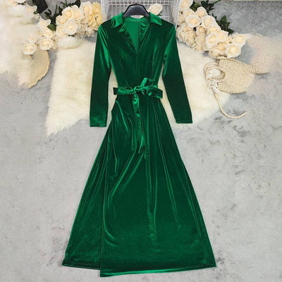Women's Velvet Maxi Dress, Fall Long Sleeve Lapel V - Neck Casual Dress With Belt - Knack'd Up