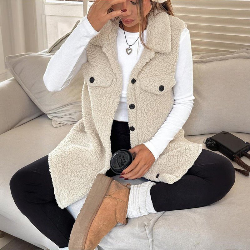 Women’s Wool - Like Sleeveless Vest – Mid - Length Lapel Waistcoat with Button Front for Casual & Formal Layering - Knack'd Up