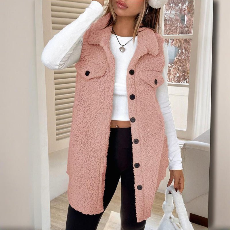 Women’s Wool - Like Sleeveless Vest – Mid - Length Lapel Waistcoat with Button Front for Casual & Formal Layering - Knack'd Up