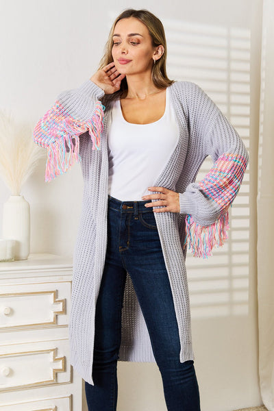 Woven Right Fringe Sleeve Dropped Shoulder Cardigan - Knack'd Up