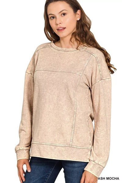 Zenana Acid Wash French Terry Exposed - Seam Pullover - Knack'd Up
