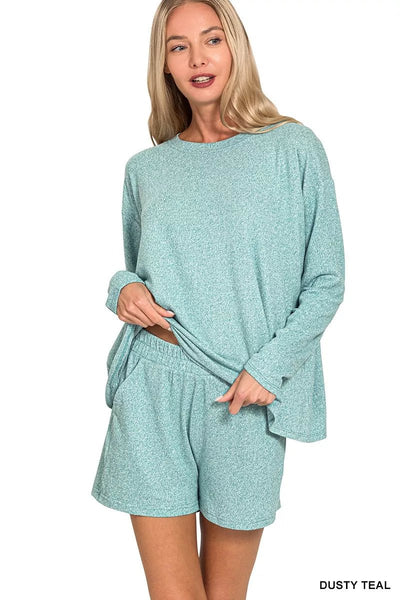 Zenana Soft Melange Long Sleeve Tee and Shorts Set - Knack'd Up